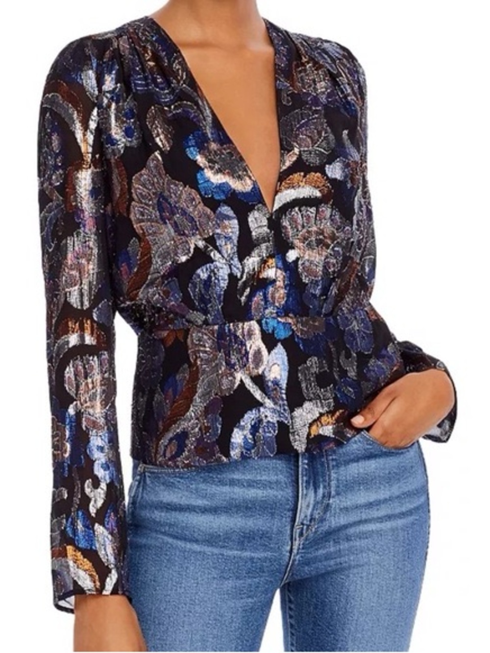 Ramy Brook • Rainn metallic plunging neckline silk blouse